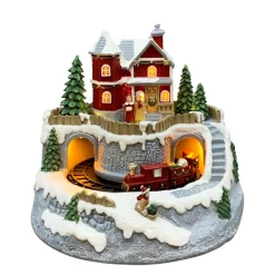 LED Winterlandschaft Noel, Haus und fahrende Eisenbahn, mit Musik und Licht, 20x20x17cm