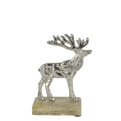 Metallhirsch auf Holzsockel, Metallhirsch silber beschlagen, 12cm