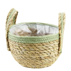 Pflanzkorb Seegras natur, Übertopf mit Henkel natur mit grünem Rand, 17cm, Naturkorb