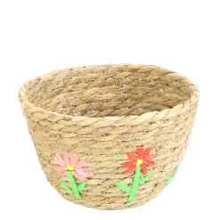 Pflanzkorb Seegras mit Blumen, Übertopf natur mit Blumen, 17x11cm, Naturkorb