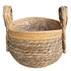 Pflanzkorb Seegras natur-helles orange, Übertopf mit Henkel, Naturkorb mit Folie ausgekleidet, 23x30