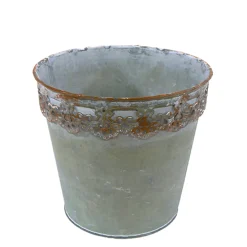Pflanztopf mit Spitzenrand, Zinktopf grau used look, 12x11cm