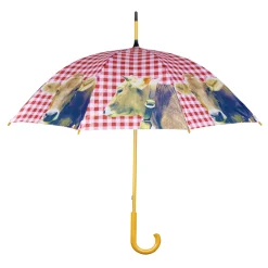 Regenschirm Kuh, Schweizer Kuh mit Glocke, Karomuster rot, 105cm, Holzgriff, Mars & More