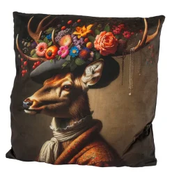 Samt Kissen Hirsch, Edelhirsch mit Halstuch, Hut und Blumen, 45x45cm