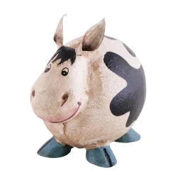 Spardose Kuh used look, Sparschwein Kuh weiß-schwarz mit blauen Hufen, Metallspardose