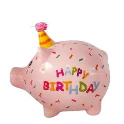 Spardose Party Schweinchen Happy Birthday, Sparschwein rosa mit Partyhut, Keramikspardose