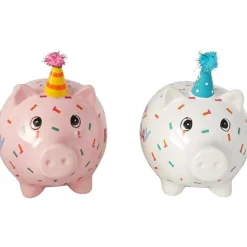 Spardose Party Schweinchen Happy Birthday, Sparschwein rosa mit Partyhut, Keramikspardose