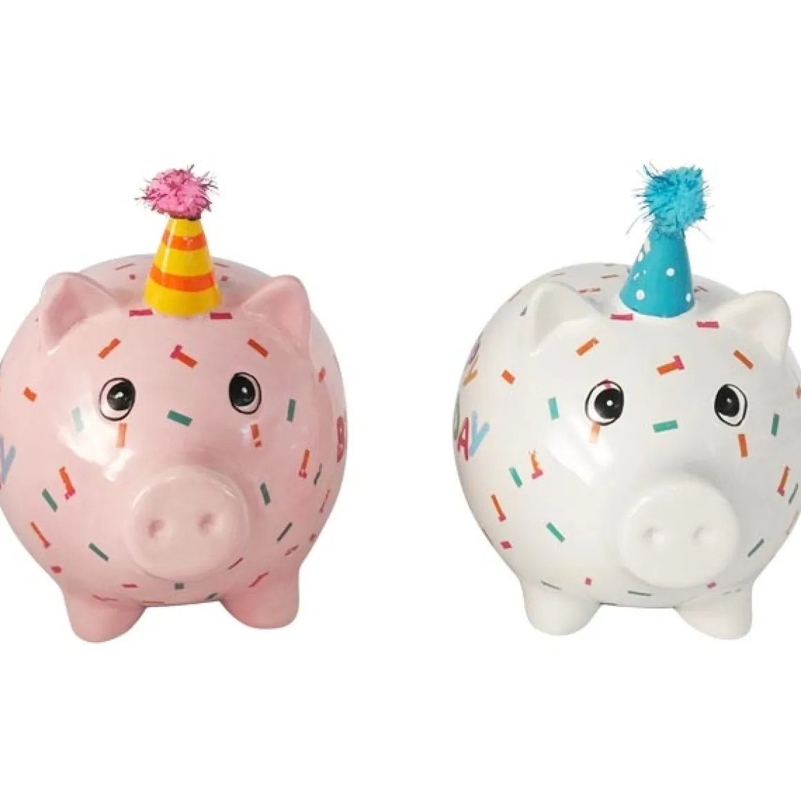 Spardose Party Schweinchen Happy Birthday, Sparschwein rosa mit Partyhut, Keramikspardose