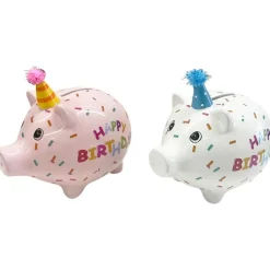 Spardose Party Schweinchen Happy Birthday, Sparschwein weiß mit Partyhut, Keramikspardose