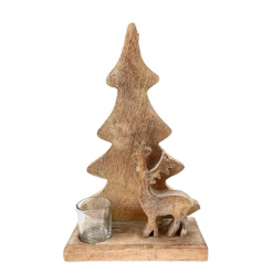 Teelichthalter Tannenbaum, Holzbaum mit Hirsch und Teelichtglas, 35cm