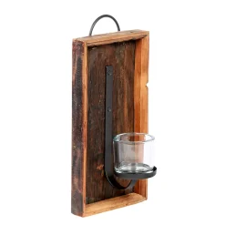 Wandleuchter Windlicht Rhinno, rustikaler Eisenleuchter auf Naturholz-Tablett, 40cm, WMG Grünberger