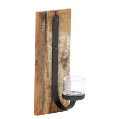 Wandleuchter Windlicht Rhinno, rustikaler Eisenleuchter auf Naturholz, 30cm, WMG Grünberger