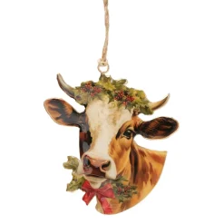 Weihnachtshänger Kuh Vanas, Emaillehänger Rind mit Schleife und Mistelkranz, Boltze Home Collections