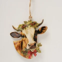 Weihnachtshänger Kuh Vanas, Emaillehänger Rind mit Schleife und Mistelkranz, Boltze Home Collections