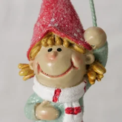 Wichtel Jingle mit Ballon, Weihnachtswichel Mädchen mit roter Mütze und grünem Kleid, Boltze Home Collections