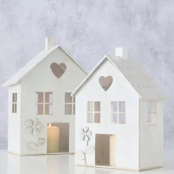 Windlicht Haus Mariele, Metallhaus weiß mit Herz und Blume, 27x35cm, Boltze Home Collections