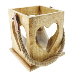 Windlicht Herz Natur, Holzlaterne mit Jutegriff, 17x15cm, Mangoholz