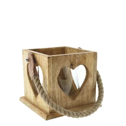 Windlicht Herz Natur, Holzlaterne mit Jutegriff, 13x12cm, Mangoholz