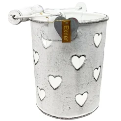 Windlicht Eimer mit Henkel und Herzen, Metalleimer weiß used look, 10x9cm