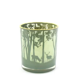 Windlichtglas Wald, Hirsche im Wald, grün, 7x8cm, Glas