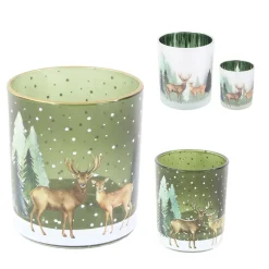 Windlichtglas Winterwald, Hirsche und Reh im Wald, grün, 7x8cm