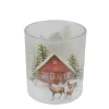 Windlicht Hüttenzauber, Glas Windlicht mit Berghütte, Hirsch und Rehe im Winterwald, 9cm