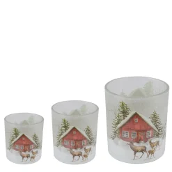 Windlicht Hüttenzauber, Glas Windlicht mit Berghütte, Hirsch und Rehe im Winterwald, 7cm