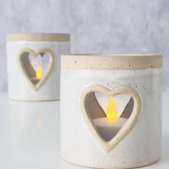 Windlicht Noomi mit Herz, Windlicht mit Farbrand, Steingut, naturtöne, 8cm, Boltze Home Collections