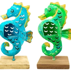 Windlicht Seepferdchen blau, Seepferdchen mit kleinem Türchen, 24cm, Metall