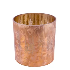 Windlicht Winterwald kupfer, Glaswindlicht mit Tannenbaum-Motiv, durchscheinend, 15cm