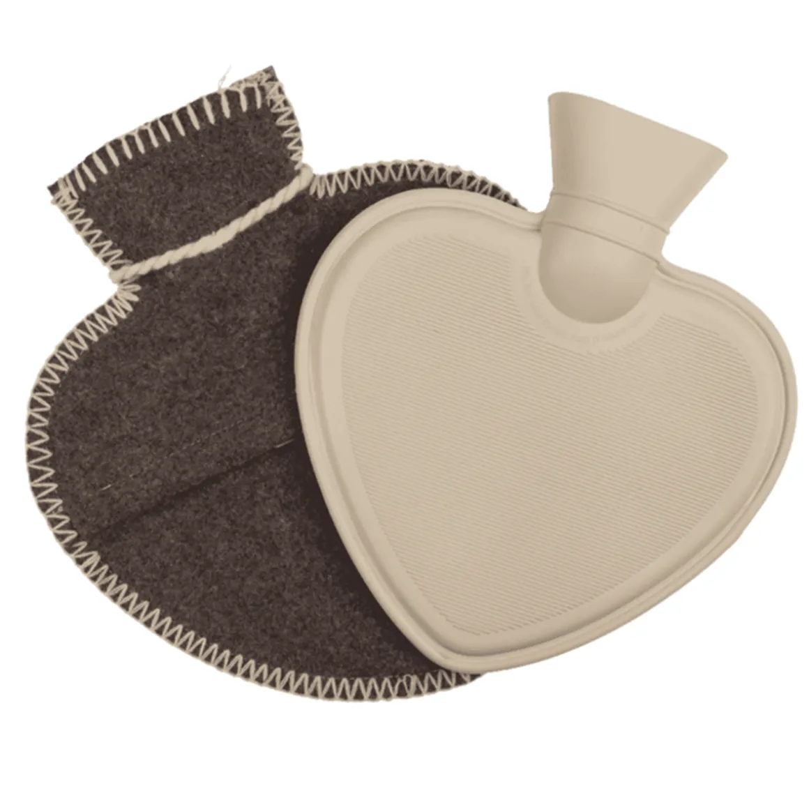 Wärmflasche in Herzform braun-grau, Filzüberzug mit Kordel