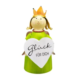 Zaunhocker Engel Schutzengel, Metallengel mit Krone und Schild: Glück für dich, 21cm