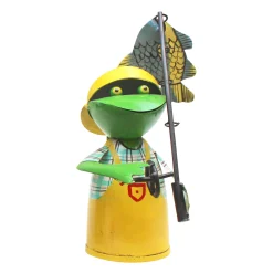Zaunhocker Frosch Angler, Metallfrosch mit Angel und Fisch, gelbe Schürze, 25cm
