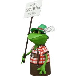 Zaunhocker Frosch Tracht, Metallfrosch in Lederhose mit Schild Biergarten, 30cm