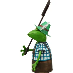 Zaunhocker Frosch Tracht, Metallfrosch in Lederhose mit Schild Biergarten, 30cm
