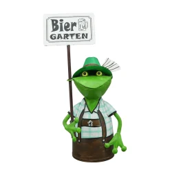 Zaunhocker Frosch Tracht, Metallfrosch in Lederhose mit Schild Biergarten, 30cm