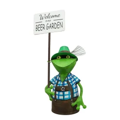 Zaunhocker Frosch Tracht, Metallfrosch in Lederhose mit Schild Welcome to our Beer Garden, 30cm