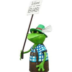 Zaunhocker Frosch Tracht, Metallfrosch in Lederhose mit Schild Welcome to our Beer Garden, 30cm