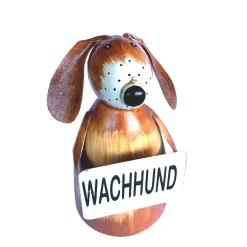 Zaunhocker Hund, Metallhund brauntöne used look mit Schild: Wachhund, 19cm