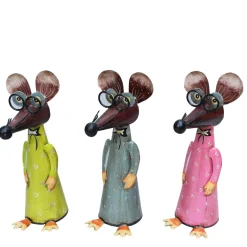 Zaunhocker Maus mit langer Nase und Brille, Metallmaus mit rosa Kleid, 30cm